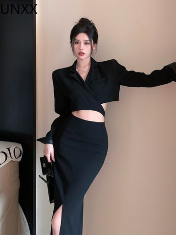UNXX Vintage Blazer Suits for Women Two Piece Set Short Jacket Crop Top + Slit Skirt Elegant Ensemble Femme 2 Pieces Outfits Y2k