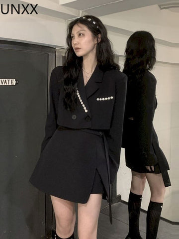 UNXX Women 2 Piece Set  2023 Black Work OL Two Piece Set Bodycon Skirt and Blazer Femal Set Outfits Clothes Women