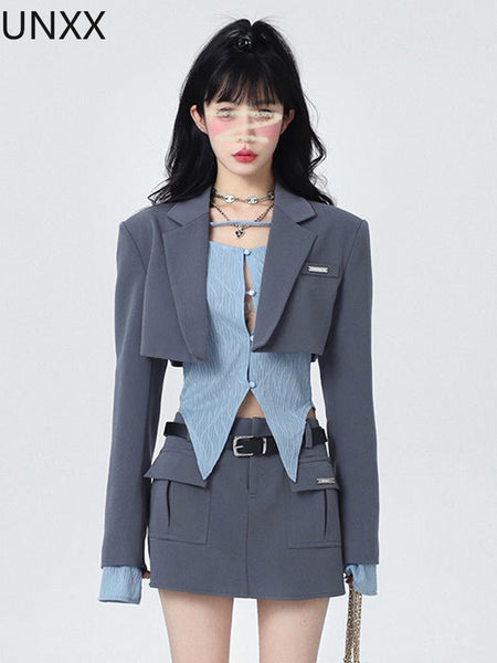 UNXX Women Suit Blazer +Skirt + Shirt 3 Pieces Set Brown Preppy Style Sexy Suits Crop Top Streetwear Party Skinny Clothes Woman