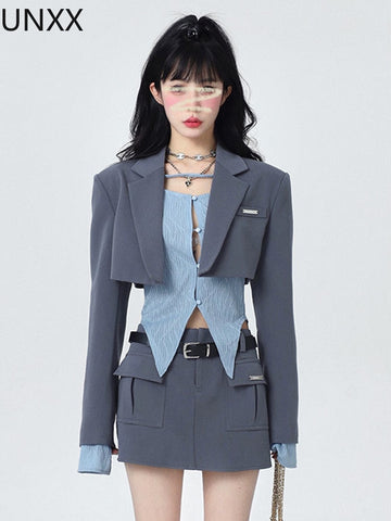 UNXX Women Suit Blazer +Skirt + Shirt 3 Pieces Set Brown Preppy Style Sexy Suits Crop Top Streetwear Party Skinny Clothes Woman