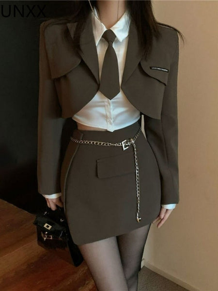 UNXX Women Suit Blazer +Skirt + Shirt 3 Pieces Set Brown Preppy Style Sexy Suits Crop Top Streetwear Party Skinny Clothes Woman