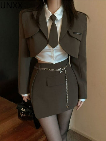 UNXX Women Suit Blazer +Skirt + Shirt 3 Pieces Set Brown Preppy Style Sexy Suits Crop Top Streetwear Party Skinny Clothes Woman
