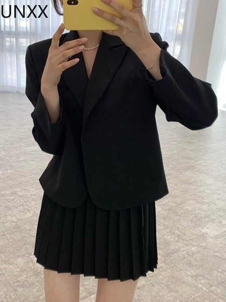 UNXX Women Two Piece Set Outfits Long Sleeve Coat and High Waist Pleated Mini Skirt Elegant Korean Style Casual 2 Piece Sets