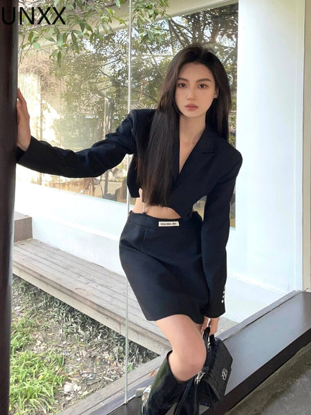 UNXX Women‘s Blazer Suit Spring Hollow Out Lapel Neck Office Lady Suit Detachable Cutout Sexy Figure Suit Blazer Skirt Set Y2k