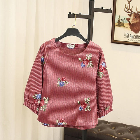 2022 Autumn women blouse ladies long sleeve shirt cute flower embroidery stripe tops 4XL plus size women office clothing
