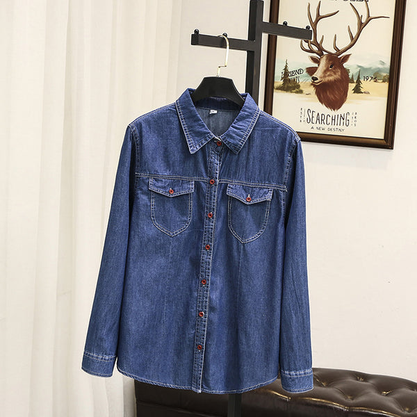 women cotton denim blouse button pockets jeans shirt plus size women clothing(T163)