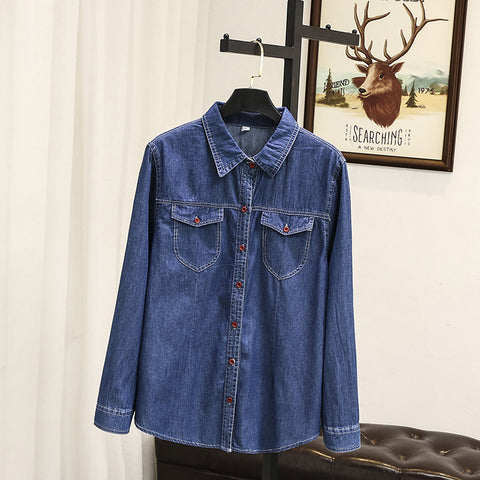 women cotton denim blouse button pockets jeans shirt plus size women clothing(T163)