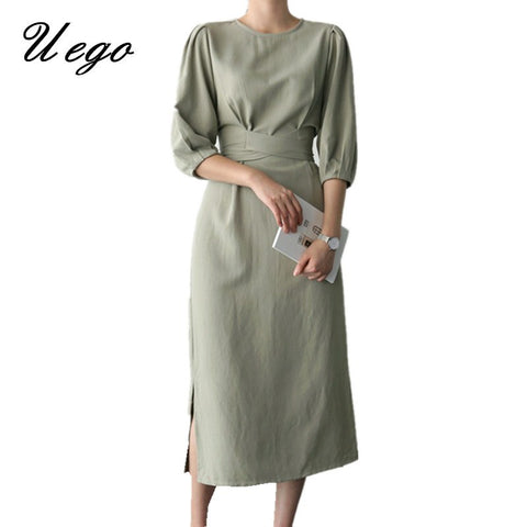 Prairie Chic Preppy Dress Cotton Linen Cross Bandage Slim Women Casual Dress 2022 New Arrival Lady Midi Dress