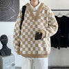 Ulzzang Teens Sweater Hooded Pullovers Men Plaid Checkered Casual Sweater All-match Unisex Couple Thick Winter Loose Knitwear