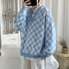 Ulzzang Teens Sweater Hooded Pullovers Men Plaid Checkered Casual Sweater All-match Unisex Couple Thick Winter Loose Knitwear