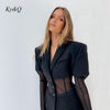 Unique Design Waist Perspective Mesh Stitching Suit Coat Medium Long Casual Blazers Dress Women's Cool Black Jacket