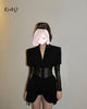 Unique Design Waist Perspective Mesh Stitching Suit Coat Medium Long Casual Blazers Dress Women's Cool Black Jacket