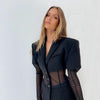 Unique Design Waist Perspective Mesh Stitching Suit Coat Medium Long Casual Blazers Dress Women's Cool Black Jacket