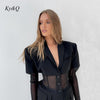 Unique Design Waist Perspective Mesh Stitching Suit Coat Medium Long Casual Blazers Dress Women's Cool Black Jacket