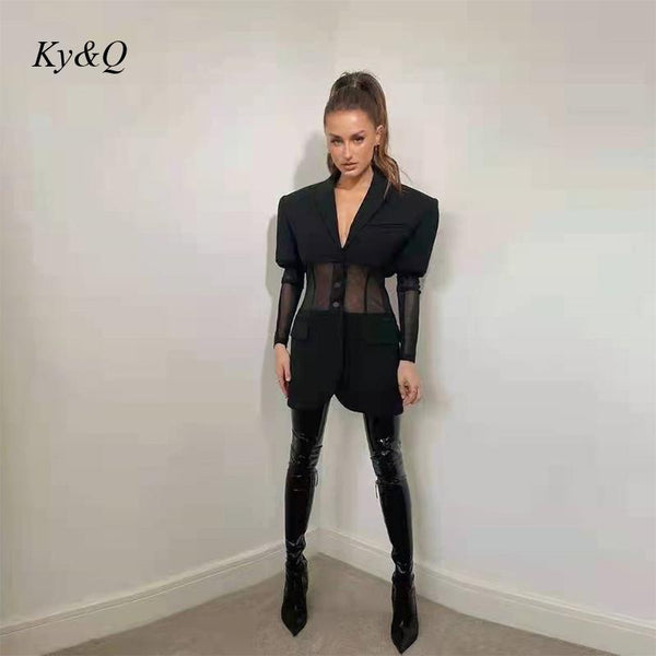 Unique Design Waist Perspective Mesh Stitching Suit Coat Medium Long Casual Blazers Dress Women's Cool Black Jacket