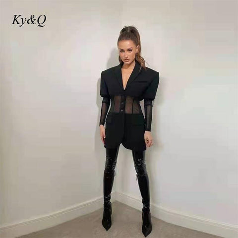 Unique Design Waist Perspective Mesh Stitching Suit Coat Medium Long Casual Blazers Dress Women's Cool Black Jacket
