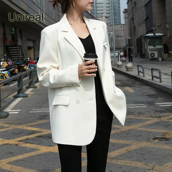 Unireal 2023 Autumn Streetwear Women Casual Blazer Suit Jacket Office Lady White Blazer Outwea Coats