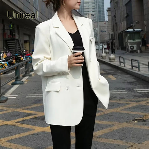 Unireal 2023 Autumn Streetwear Women Casual Blazer Suit Jacket Office Lady White Blazer Outwea Coats