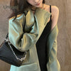 Unireal 2023 Spring Autumn Women Satin Blazer Vintage Coats Casual Streetwear Chic Feamle Green Suit Jacket