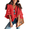 V Neck Flared Sleeves Mesh Patchwork Shirts Summer Plus Size Casual Loose Mesh Women Blouse Pink Street Womens Tops Blouses 5XL