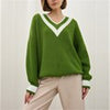 V Neck Knit Sweater Women Striped Patchwork Winter Pullover Casual Vintage Warm Jumper Female Loose Long Sleeve Knitwear