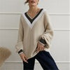 V Neck Knit Sweater Women Striped Patchwork Winter Pullover Casual Vintage Warm Jumper Female Loose Long Sleeve Knitwear