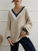 V Neck Knit Sweater Women Striped Patchwork Winter Pullover Casual Vintage Warm Jumper Female Loose Long Sleeve Knitwear