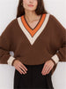 V Neck Knit Sweater Women Striped Patchwork Winter Pullover Casual Vintage Warm Jumper Female Loose Long Sleeve Knitwear