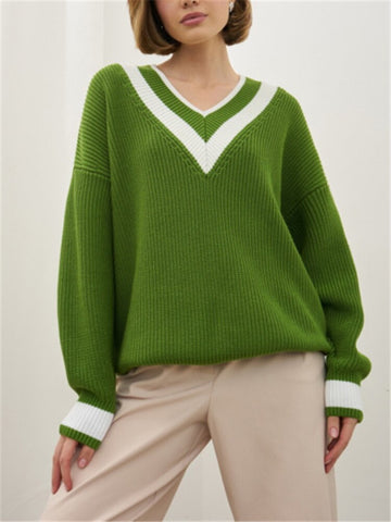 V Neck Knit Sweater Women Striped Patchwork Winter Pullover Casual Vintage Warm Jumper Female Loose Long Sleeve Knitwear
