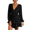 V Neck Mini Dress Women Sexy Bandage Green Dress Autumn Elegant Long Sleeve Ruffle A-Line Dress Solid Short Woman Dress