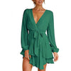 V Neck Mini Dress Women Sexy Bandage Green Dress Autumn Elegant Long Sleeve Ruffle A-Line Dress Solid Short Woman Dress