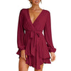 V Neck Mini Dress Women Sexy Bandage Green Dress Autumn Elegant Long Sleeve Ruffle A-Line Dress Solid Short Woman Dress
