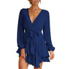 V Neck Mini Dress Women Sexy Bandage Green Dress Autumn Elegant Long Sleeve Ruffle A-Line Dress Solid Short Woman Dress