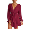 V Neck Mini Dress Women Sexy Bandage Green Dress Autumn Elegant Long Sleeve Ruffle A-Line Dress Solid Short Woman Dress