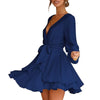 V Neck Mini Dress Women Sexy Bandage Green Dress Autumn Elegant Long Sleeve Ruffle A-Line Dress Solid Short Woman Dress