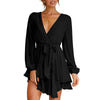 V Neck Mini Dress Women Sexy Bandage Green Dress Autumn Elegant Long Sleeve Ruffle A-Line Dress Solid Short Woman Dress