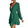 V Neck Mini Dress Women Sexy Bandage Green Dress Autumn Elegant Long Sleeve Ruffle A-Line Dress Solid Short Woman Dress