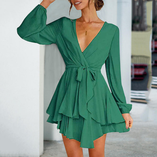 V Neck Mini Dress Women Sexy Bandage Green Dress Autumn Elegant Long Sleeve Ruffle A-Line Dress Solid Short Woman Dress