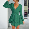 V Neck Mini Dress Women Sexy Bandage Green Dress Autumn Elegant Long Sleeve Ruffle A-Line Dress Solid Short Woman Dress