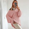 V-Neck Oversized Women Sweater Autumn Hollow Out Striped Knitted Pullover Casual Loose Long Sleeve Tops Female Knitwear Jumper