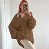 V-Neck Oversized Women Sweater Autumn Hollow Out Striped Knitted Pullover Casual Loose Long Sleeve Tops Female Knitwear Jumper