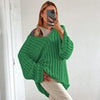 V-Neck Oversized Women Sweater Autumn Hollow Out Striped Knitted Pullover Casual Loose Long Sleeve Tops Female Knitwear Jumper