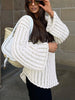V-Neck Oversized Women Sweater Autumn Hollow Out Striped Knitted Pullover Casual Loose Long Sleeve Tops Female Knitwear Jumper