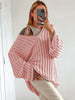 V-Neck Oversized Women Sweater Autumn Hollow Out Striped Knitted Pullover Casual Loose Long Sleeve Tops Female Knitwear Jumper