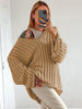 V-Neck Oversized Women Sweater Autumn Hollow Out Striped Knitted Pullover Casual Loose Long Sleeve Tops Female Knitwear Jumper