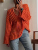 V-Neck Oversized Women Sweater Autumn Hollow Out Striped Knitted Pullover Casual Loose Long Sleeve Tops Female Knitwear Jumper