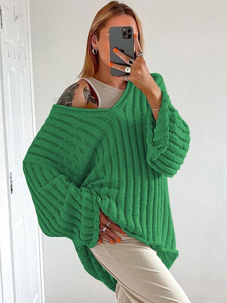 V-Neck Oversized Women Sweater Autumn Hollow Out Striped Knitted Pullover Casual Loose Long Sleeve Tops Female Knitwear Jumper