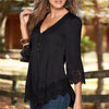 V Neck Three Quarter Sleeve Crochet Lace Slim Blouse Shirts Ladies Solid Casual Tops Black/Blue/Orange