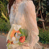 V-neck Elegant Sweet Dress Women Long Sleeve Chiffon Floral Dress Party Beach Dress for Females Korean Style 2023 Summer Chic