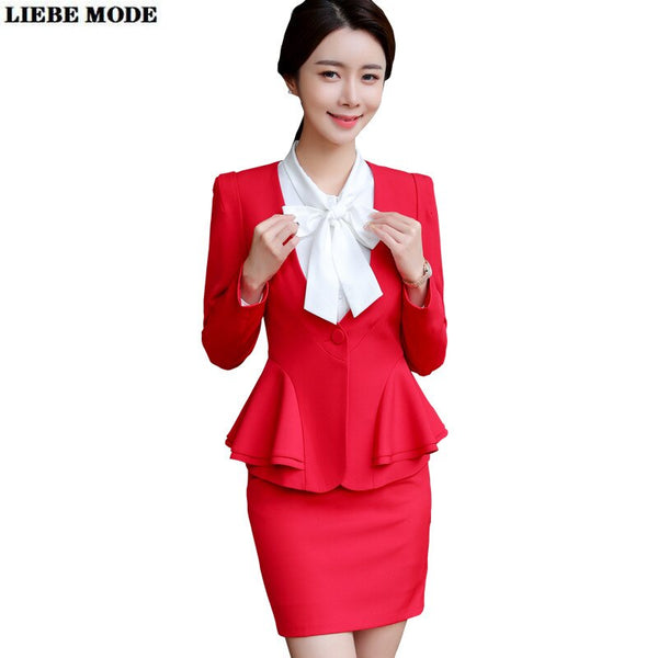 V-neck Long Sleeve Ruffle Blazer and Mini Skirt Two Piece Set Women Business Formal Black Red Beige Pencil Skirt Suit Woman